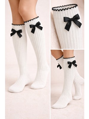 Kız Çocuk Saten Fiyonk Aksesuarlı Beyaz Dizaltı Çorap