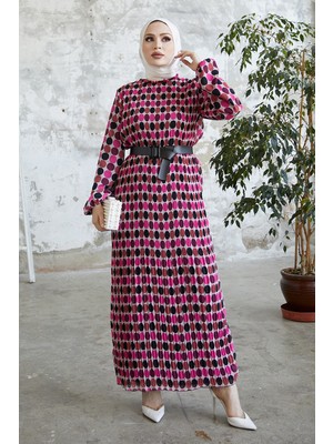 inStyle Nerisa Puantiyeli Kemerli Şifon Elbise - Gül Kurusu