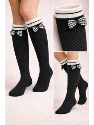 Kız Çocuk Ekose Fiyonk Aksesuarlı Siyah Dizaltı Çorap