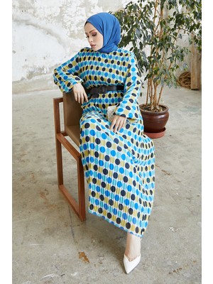 inStyle Nerisa Puantiyeli Kemerli Şifon Elbise - Indigo