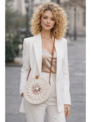 Kadın Hasır Yuvarlak Omuz Çantası 20 cm El Yapımı Örgü Çanta Çapraz Askılı Yazlık Şık Kadın Çanta