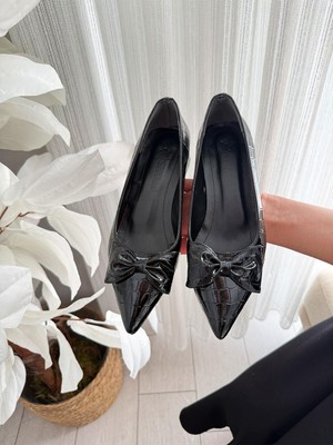 Asmi Shoes Kadın Marci Siyah Kroko Fiyonklu 3,5 cm Blok Topuklu Stiletto&ayakkabı  Siyah Kroko