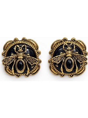 Angelovia Antik Gold Arı Figürlü Siyah Taşlı Çelik Küpe