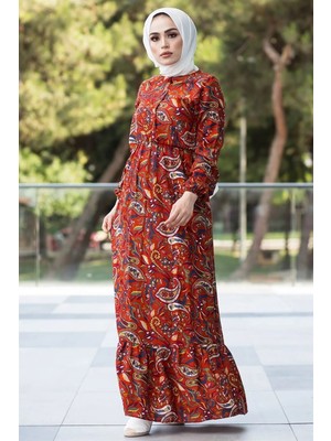 inStyle Şal Desen Dokuma Kiremit Elbise