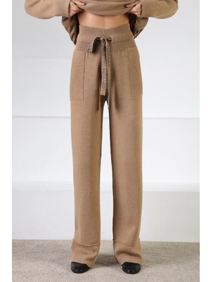 Ferraro Camel Beli Kuşaklı Cepli Kaşmirli Kadın Triko Pantolon