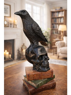 Pitaya Sanat El Yapımı Gotik Kuzgun Biblo – Kafatası & Kitap Tasarımlı Dekoratif Obje