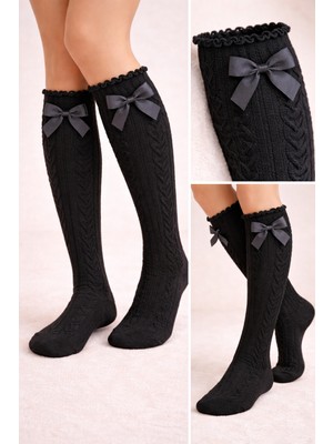 Katia & Bony Kız Çocuk Kalp Dokulu Siyah Dizaltı Çorap