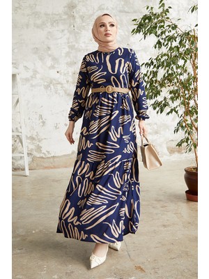 inStyle Vesa Desenli Hasır Kemerli Lacivert Elbise