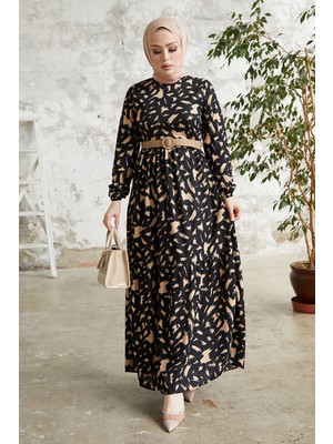 inStyle Rena Hasır Kemerli Desenli Siyah Elbise