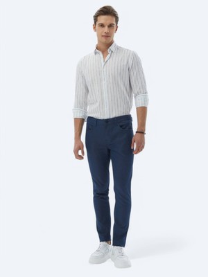 Lacivert Dokuma Slim Fit Casual Pamuk Karışımlı Pantolon