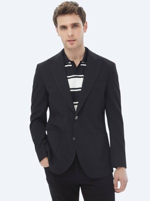 Kip Siyah Çizgili Modern Fit Pamuk Karışımlı Ceket