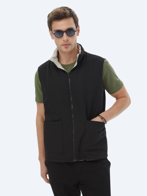 Kip Siyah Regular Fit Gizli Kapüşon Casual Dokuma Çift Taraflı Spor Yelek