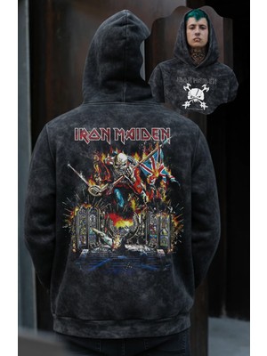 Fuddy Moda Unisex Iron Maiden Flag Sırt Baskılı Kapüşonlu Yıkamalı Sweatshirt, Oversize Rock Band Retro Hoodie