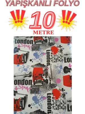 Renkli Duvarlar 45CM x 10 Metre 1 Rulo Folyo Yapışkanlı London Yazılı Kafe Mutfak Duvar Kaplama Folyosu Kağıdı