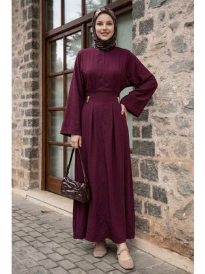 inStyle Gold Broşlu Kuşaklı Bordo Modal Elbise