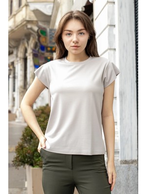 Jument Kadın Ipeksi Kumaş Geniş Sıfır Yaka Kısa Kol Tshirt Bluz-Taş
