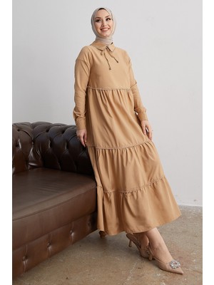 inStyle Lesina Bebe Yaka Bağlamalı Salaş Elbise - Bej