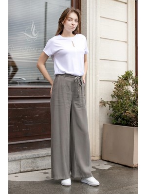 Jument Kadın Modal Diyagonal Kumaş Yüksek Bel Yan Cepli Kemerli Bol Paça Palazzo Pantolon-Antrasit