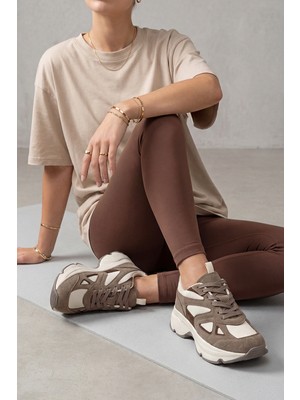 Marjin Kadın Sneaker Yüksek Kalın Taban Çok Parçalı Bağcıklı Spor Ayakkabı Vader Vizon Süet