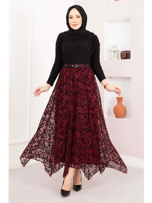 Md Flok Baskılı Asimetrik Kesim Tül Etek Mürdüm