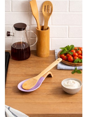 Porsima PBT-718-3 Bambu Saplı Silikon Kirli Kepçe Kaşıklık Altlığı Kepçe ve Kaşık Nihalesi Lila
