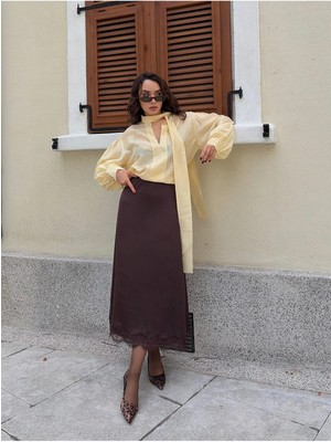 Minaaise Dantel Detaylı Saten Kahverengi Uzun Kadın Etek 31016