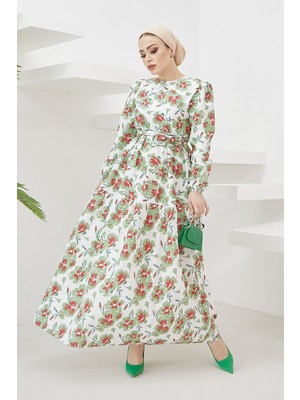 inStyle Nila Çiçek Desen Kuşaklı Elbise - Mint