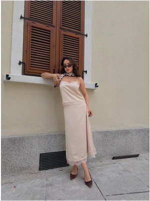 Minaaise Dantel Detaylı Saten Taş Uzun Kadın Etek 31016