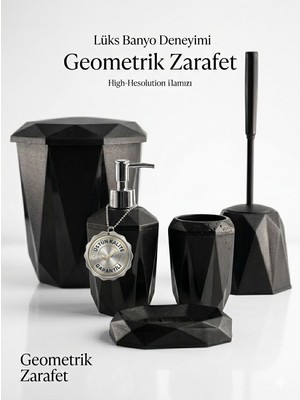 Quka Moon Rise Siyah 5 Parça Banyo Seti Diamond Tasarım Çöp Kovası Wc Fırçası Sabunluk Diş Fırçalık