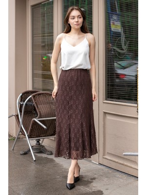 Jument Kadın Astarlı Dantel-Tül Yüksek Bel Dar Kesim Uzun Diz Altı Balık Kesim Etek-Kahve Desen