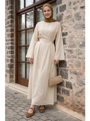 inStyle Gold Broşlu Kuşaklı Bej Modal Elbise