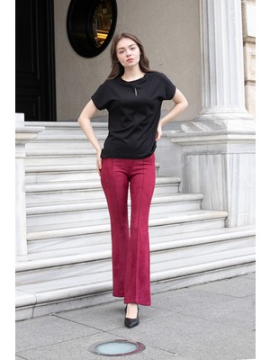 Jument Kadın Ipeksi Yumuşak Kumaş Geniş Sıfır Yaka Önü Pencereli Yanları Yırtmaçlı Tshirt Bluz-Siyah