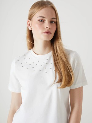 Lc Waikiki Yeni Sezon Bisiklet Yaka Taşlı Kadın Tişört