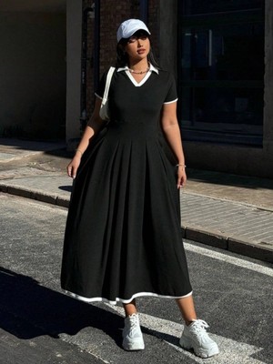 MiraLive Miray- Kadın Kısa Kollu V Yakalı Pileli Uzun Janjan Krep Elbise