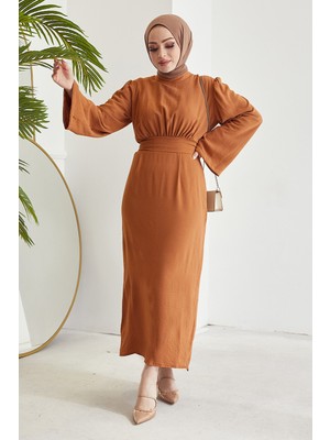 inStyle Rina Kendinden Kuşaklı Ayrobin Elbise - Turuncu