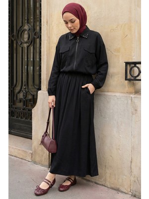 inStyle Yakası Taşlı Fermuarlı Siyah Modal Takım