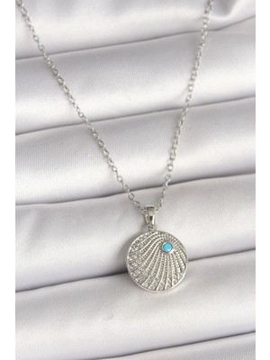 316L Çelik Gümüş Renk Zincir Zirkon Taşlı Mavi Taş Detaylı Madalyon Model Kadın Kolye