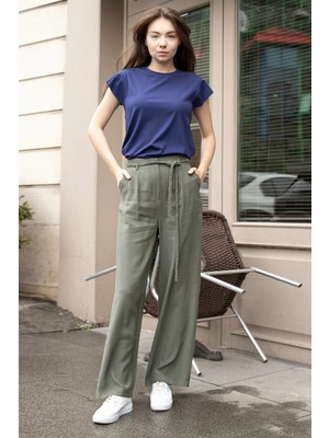 Jument Kadın Modal Diyagonal Kumaş Yüksek Bel Yan Cepli Kemerli Bol Paça Palazzo Pantolon-Haki