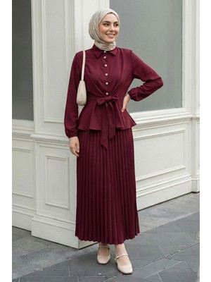 inStyle Eteği Piliseli Bordo Takım