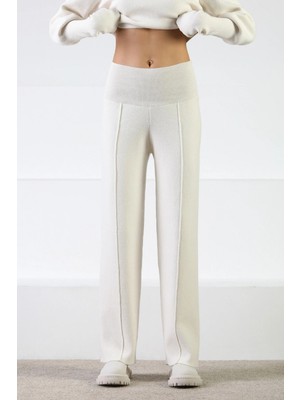Ferraro Ekru Bol Paça Kaşmirli Yüksek Bel Çizgi Detay Kadın Triko Pantolon