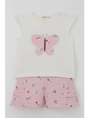 Breeze Kız Bebek Şortlu Takım Çiçek Baskılı Kelebek Nakışlı Düğme Aksesuarlı 6 Ay-2 Yaş, Ekru