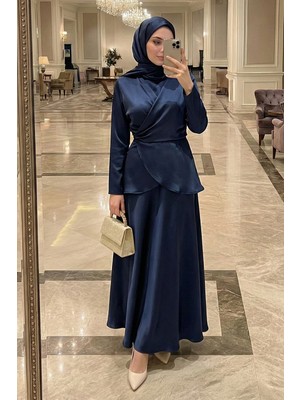 inStyle Ispanyol Kol Saks Mavisi Saten Takım