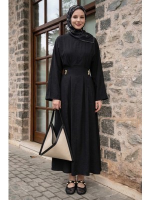 inStyle Gold Broşlu Kuşaklı Siyah Modal Elbise