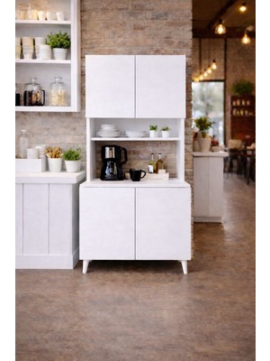 Mobilyacın  Yeni Nesil Çok Amaçlı Dolap 4 Kapaklı Kiler Mutfak Dolabı - Kahve Köşesi-Beyaz