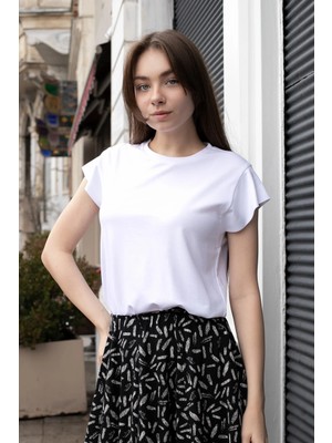 Jument Kadın Ipeksi Kumaş Geniş Sıfır Yaka Kısa Kol Tshirt Bluz-Beyaz