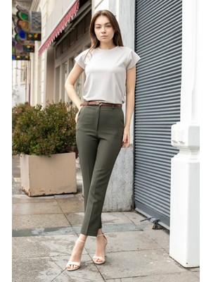 Jument Kadın Yüksek Bel Yan Cepli Bilek Boy Kemerli Hafif Likralı Kumaş Pantolon(Kemer Dahil)-Haki