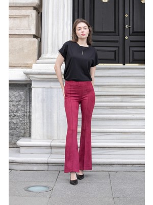 Jument Süet Likralı Kumaş Yüksek Bel Ön Arka Dikişli Isanyol Paça Tayt Pantolon-Bordo