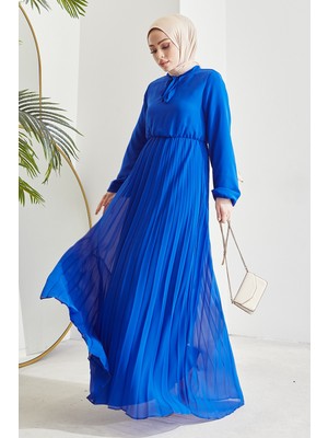 inStyle Piliseli Limelda Saks Mavisi Şifon Elbise