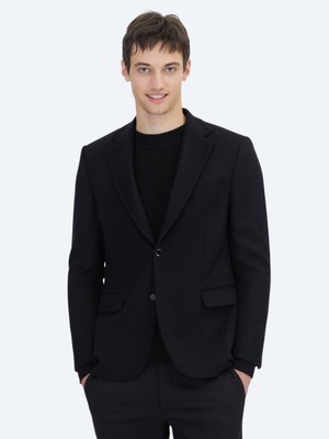 Kip Siyah Düz Modern Fit Yün Karışımlı Ceket