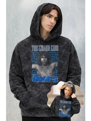 Unisex The Lisard King Yazılı Kapüşonlu Yıkamalı Sweatshirt, Oversize The Doors Rock Baskılı Hoodie